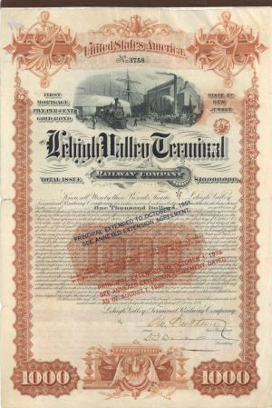Lehigh Valley Terminal Railway Co. - 1891 dated $1,000 Bond