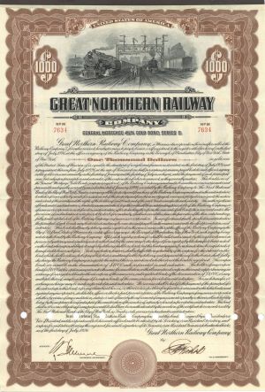 Great Northern Railway Co. - 1926 dated $1,000 4 1/2% Railroad Gold Bond
