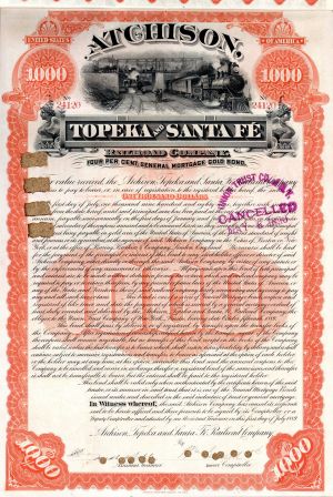 Atchison, Topeka and Santa Fe Railroad Co. - 1889 dated $1,000 Railway Gold Bond