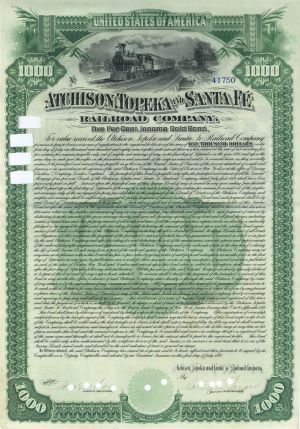 Atchison, Topeka and Santa Fe Railroad Co. - 1889 dated $1,000 Railway Gold Bond - Rare Green Type