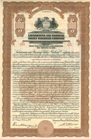 Lackawanna and Wyoming Valley Railroad Co. - 1928 dated $1,000 Railway Gold Bond (Uncanceled)