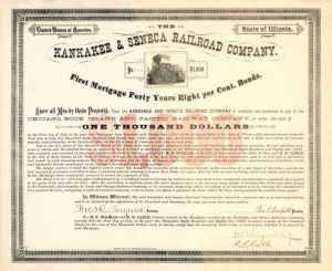 Kankakee and Seneca Railroad Co. - $1,000 - Bond (Uncanceled)