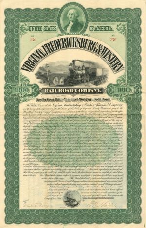 Virginia, Fredericksburg and Western Railroad Co. - $1,000 - Bond