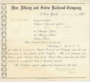 New Albany and Salem Railroad Co. - 1858-1860 dated Railway Bond - Various Denominations Available