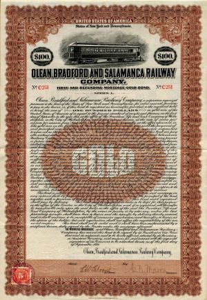 Olean, Bradford and Salamanca Railway Co. - 1921 dated $100 Railroad Gold Bond