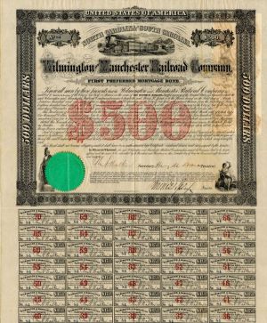 Wilmington and Manchester Railroad Co. - $500 First Preferred Mortgage Bond
