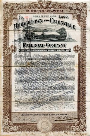Middletown and Unionville Railroad Co. - $500 Bond
