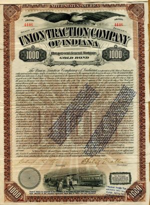 Union Traction Co. of Indiana - 1899 dated $1,000 Railroad Gold Bond