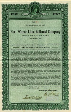 Fort Wayne-Lima Railroad Co. - $1,000 or $500 Bond