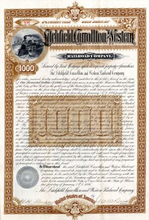 Litchfield, Carrolton & Western Railroad Co. - $1,000 Uncanceled Railway Gold Bond