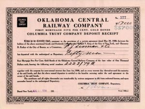Oklahoma Central Railway Co. - Various Denomination Bond