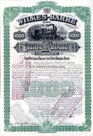 Wilkes-Barre and Eastern Railroad Co. - 1892 dated $1,000 Railway Gold Bond