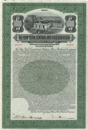 New York Central and Hudson River Railroad Co. - 1913 dated $1,000 Railway Mortgage Bond - Very Rare Type