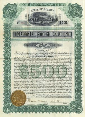 Central City Street Railroad Co. - $500 Uncanceled Macon, Georgia Gold Bond