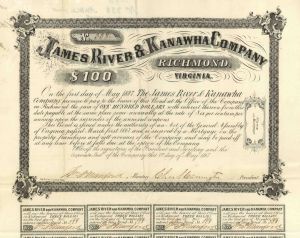 James River and Kanawha Co. - $100 Bond - Surveyed & Planned by George Washington