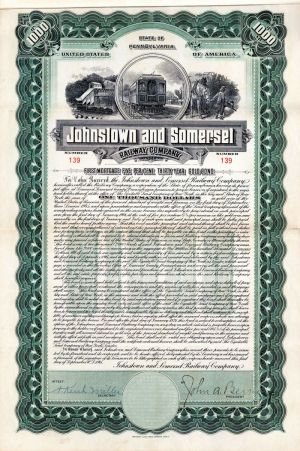 Johnstown and Somerset Railway Co. - 1915 dated $1,000 Railroad Gold Bond