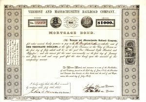 Vermont and Massachusetts Railroad Co. - $1,000 Railway Bond