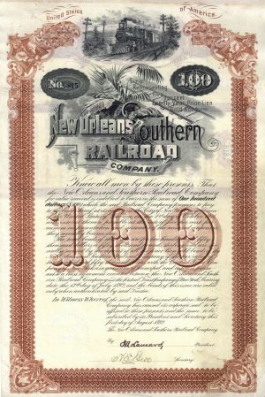 New Orleans and Southern Railroad Co. - $100 Uncanceled Railway Gold Bond