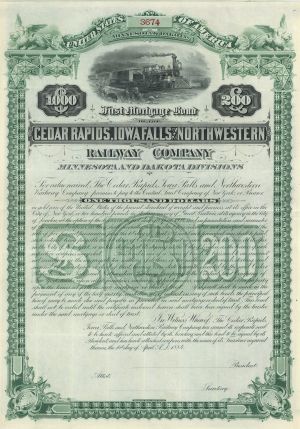 Cedar Rapids, Iowa Falls and Northwestern Railway Co. - $1,000/£200 Bond