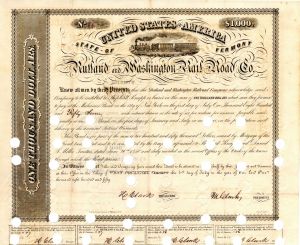 Rutland and Washington Rail Road Co. - 1850 $1,000 Railroad Bond