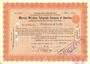 Dated May 1912 Marconi Wireless Telegraph Co. of America - Dated Same Year of the Sinking of the Titanic - This Company was on the Titanic - Radio and Telegraph Stock Certificate