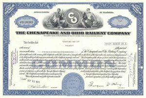 Chesapeake and Ohio Railway Co. - 1960's-70's Railroad Stock Certificate - District of Columbia, Illinois, Indiana, Kentucky, Michigan, New York, Ohio, Ontario, Pennsylvania, Virginia, West Virginia and Wisconsin