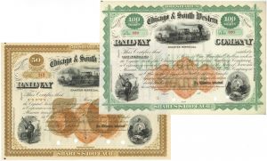 1870's dated Pair of Chicago & South Western Railway Co. Stock Certificates - Set of 2 Unissued Railroad Stocks with Imprinted Revenues - Two Pieces