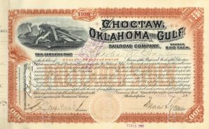 Choctaw, Oklahoma and Gulf Railroad Co. - 1890's dated Railway Stock Certificate - Oklahoma History
