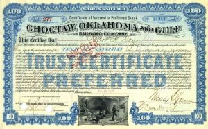 Choctaw, Oklahoma and Gulf Railroad Co. - 1899-1910 dated Railway Stock Certificate