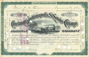 Cincinnati, Indianapolis, St. Louis and Chicago Railway Co. - 1880's-90's Railroad Stock Certificate
