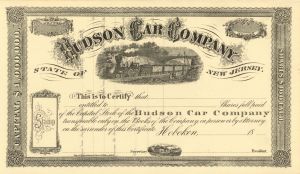 Hudson Car Co (Railroad Cars) - Hoboken, New Jersey Unissued Railway Stock Certificate