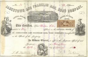 Jamestown and Franklin Railroad - 1862-96 dated Pennsylvania Railway Stock Certificate