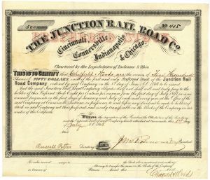 Junction Railroad - 1860's dated Railway Preferred Stock Certificate - Cincinnati, Connersville, Indianapolis and Chicago Railroad