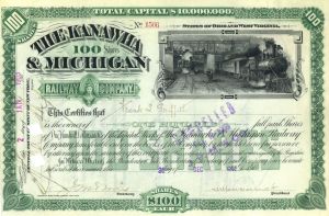 Kanawha & Michigan Railway Co. - 1890-1910 dated Railroad Stock Certificate