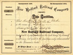 New Bedford Railroad Co. - Massachusetts Railway Stock Certificate