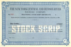 New York Central and Hudson River Railroad - Unissued Railway Fractional Stock Certificate