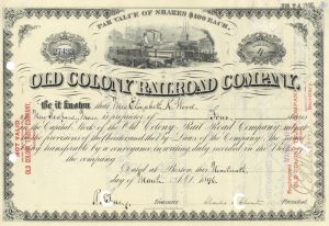 Old Colony Railroad Co. - dated 1880's-1920's Massachusetts Railway Stock Certificate - Has Become Quite Rare Now