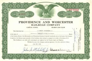 Providence and Worcester Railroad - dated 1960's Railway Stock Certificate