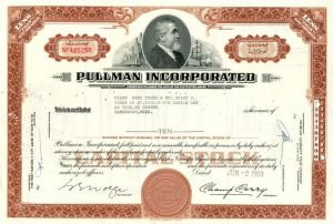 Pullman Incorporated - 1970's dated Railroad Car Manufacturer Stock Certificate - Available in Brown or Olive