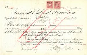 Terminal Railroad Association of Saint Louis - 1890's-1920's dated Missouri Railway Stock Certificate