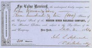 Hudson River Railroad - New York Railway Transfer Receipt dated 1864 or 1865
