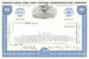 Pennsylvania New York Central Transportation Co. - 1960's dated Railroad Stock Certificate - Great Railway History