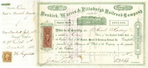 Dunkirk, Warren and Pittsburgh Railroad Co. - Fully Issued 1868-1869 Railway Stock Certificate