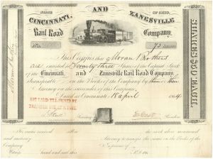 Cincinnati and Zanesville Railroad - Ohio Railway Stock Certificate