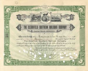 Clearfield Southern Railroad Co. - Railway Stock Certificate