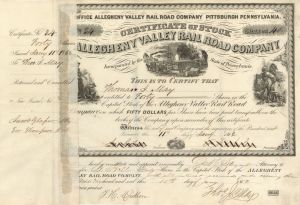 Allegheny Valley Railroad Co. - 1862-1868 dated Railway Stock Certificate - Some Staining and Paper Loss