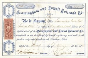 Framingham and Lowell Railroad Co. - Railway Stock Certificate