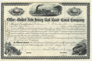 Office of the United New Jersey Railroad and Canal Co. - 1870's-1900's dated Railway Stock Certificate