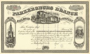 Parkersburg Branch Railroad - 1870's circa Unissued Railway Stock Certificate - Successor of the North Western Virginia Railroad