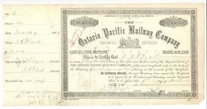 Ontario Pacific Railway Co. - Stock Certificate